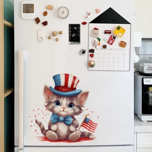 Detail of cartoon grey cat wall sticker with USA flag and hat on white refrigerator
