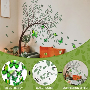 Detail view of 3D green butterfly stickers and large tree wall decal set for living room