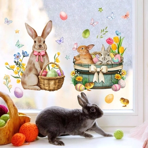 Watercolor Easter bunny and eggs window static stickers set for glass decoration