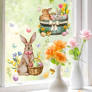 Easter bunny and colorful eggs static window stickers for festive home glass decoration