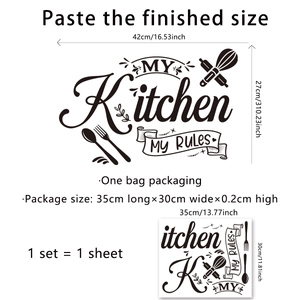 Detail showing My Kitchen My Rules wall sticker with kitchen utensil icons and dimensions