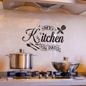 Modern black Kitchen My Rules wall sticker with utensil icons on tile background