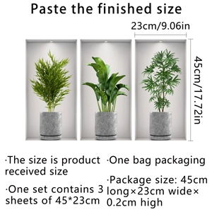 Three-piece 3D wall stickers featuring green potted plants with dimensions in 45x23cm