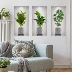 Three-piece artificial potted green plants in minimalist grey pots for home wall decor
