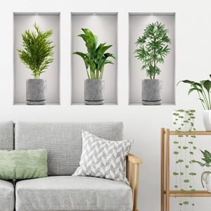 3D wall stickers featuring green potted plants in gray cement pots on a white wall
