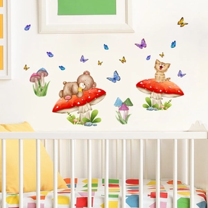 Luminous bear and mushroom wall stickers for kids nursery with glowing butterflies
