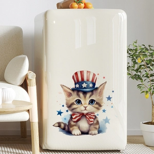 Cute patriotic cat wall sticker wearing Uncle Sam hat and bow on vintage refrigerator