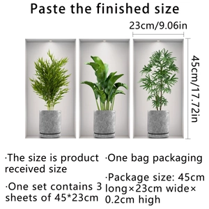 Three-piece 3D green potted plant wall stickers set with bamboo and banana leaf designs