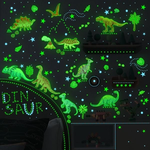 Cartoon Dinosaurier Leuchtende Wandaufkleber Für Kinderzimmer PVC Nachtleuchtende Sterne Und Dinosaurier Muster Dekoration