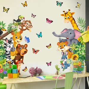 Cartoon Forest Animals Wall Stickers PVC Removable Decals With Giraffe Elephant Zebra Monkey For Kids Bedroom Nursery Decor