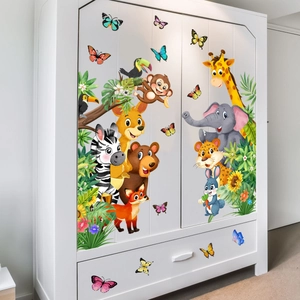 Cartoon forest animals wall stickers with giraffe and elephant for kids room decor