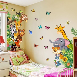 Cartoon forest animals wall stickers for nursery decor featuring giraffe and elephant