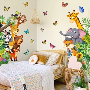 Cartoon forest animal wall stickers with giraffe and elephant for kids room decor
