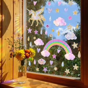 Rainbow unicorn glass window film with holographic stars and colorful suncatcher sparkles