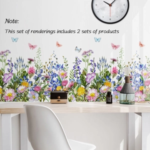 Watercolor Flower And Butterfly Wall Stickers PVC Self Adhesive Floral Pattern Wall Decals For Home Living Room Bedroom