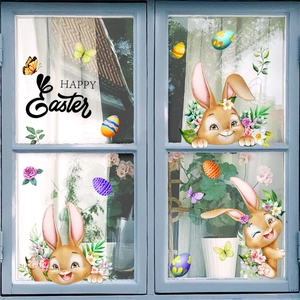 Easter window stickers set with cute bunnies, colorful eggs and Happy Easter lettering