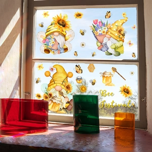 Bee Festival gnome window clings with sunflowers and honey bees on a sunny glass pane