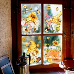 Bee Festival gnome window clings with sunflowers and bees on a rustic wooden window frame
