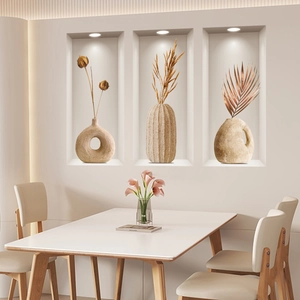 Moderne 3D-Vasen-Wandaufkleber im 3er-Set mit Natursteintextur und Pflanzenelementen
