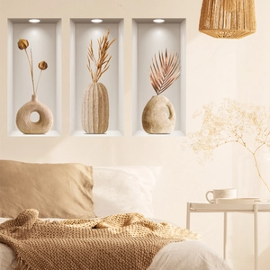 Moderne 3D-Wandaufkleber-Set mit Keramikvasen und getrockneten Blumenmotiven