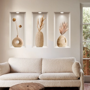 Modernes 3D Nische Vase Muster Wandtattoo PVC Abnehmbar Minimalistisch Beige Ceramic-look PVC Decoration Kunst Für Haus Deko