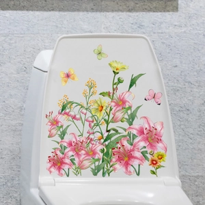 Watercolor pink lily and butterfly self-adhesive floral wall sticker for toilet lid decor