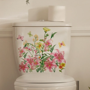 Watercolor Pink Lily Flower Butterfly Toilet Seat Sticker Waterproof PVC Self Adhesive Bathroom Decal Home Decoration
