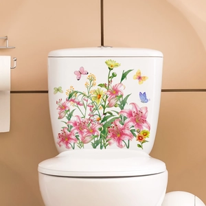 Self-adhesive floral toilet stickers with pink lilies and colorful butterflies decor