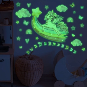 Glow in the dark unicorn and rainbow wall decals set for kids bedroom night decor