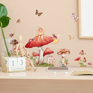 Luminous mushroom and fairy wall decals set for kids room decor on beige wall