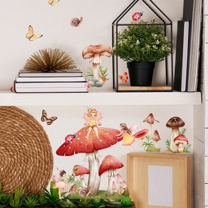 Luminous fairy and mushroom wall stickers for kids nursery in watercolor style