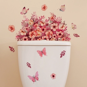 Autocollant de Couvercle de Toilette Fleurs Roses et Papillons Imperméable en PVC Décalcomanie Murale de Salle de Bain Florale Créative