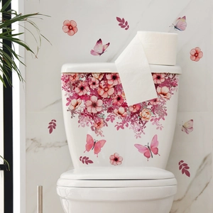 Stickers muraux fleurs roses et papillons pour décoration de toilettes et salle de bain