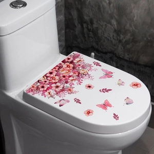 Sticker pour couvercle de WC imperméable avec fleurs roses et papillons aquarelle