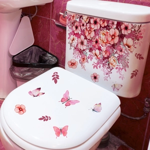 Stickers de toilettes autocollants avec fleurs roses et papillons sur couvercle et réservoir