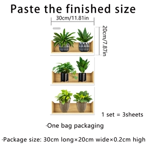 Detailed size specifications for a 3-sheet set of green potted plant wall stickers