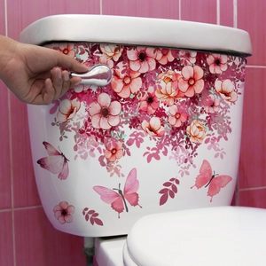 Stickers de toilette auto-adhésifs avec fleurs roses et papillons pour salle de bain