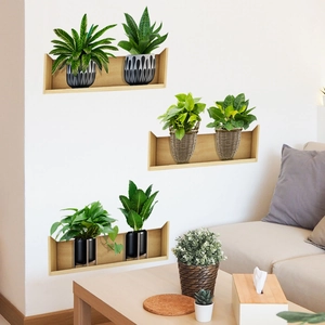 Set of three wooden U-shaped floating shelves in light oak finish for home wall decor