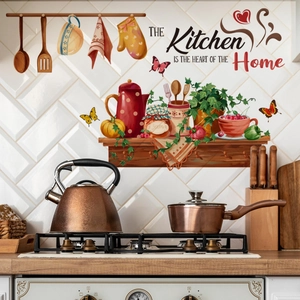 Kitchen wall stickers with kettle, jam jars and text 'The Kitchen is the Heart of the Home'