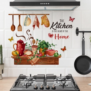 Self-adhesive kitchen wall decal with utensils and heart of the home quote on white tile
