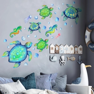 Adesivi murali luminosi animali marini con tartarughe e cavallucci per camera dei bimbi