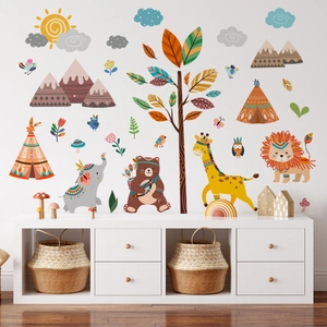 Cartoon Forest Animal Wall Stickers PVC Tribal Bohemian Style Nursery Decor Bear Elephant Lion Giraffe For Kids Room