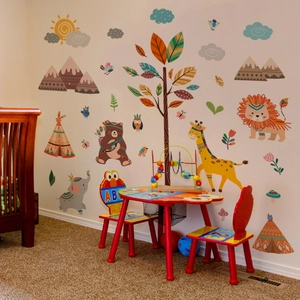 Forest animals wall decal with lion giraffe and elephant for nursery room decoration