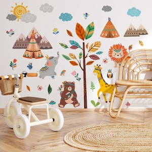 Detail of tribal forest animals wall stickers for kids room with elephant and lion motifs