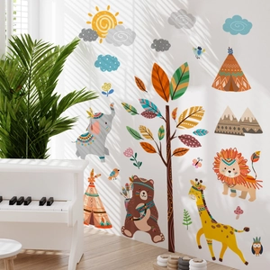 Bohemian forest animals wall decals featuring elephants and lions for nursery decor