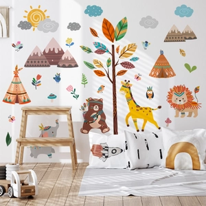 Cartoon forest animals and tribal wall stickers for nursery decor in warm earthy tones