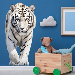 Fierce white tiger wall decal for kids room with realistic black and white stripes