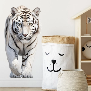 Realistic white tiger wall sticker for kids room decor shown in a cozy nursery room