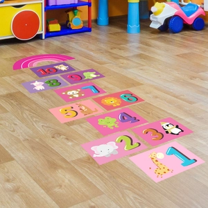Adesivi da pavimento gioco campana con animali e numeri 1-10 per cameretta dei bambini
