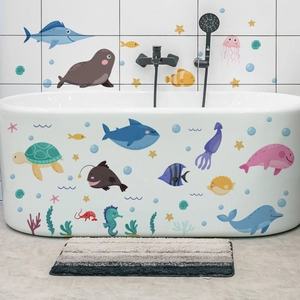 Cartoon Ocean World Bathtub Stickers Waterproof PVC Wall Decals For Bathroom With Shark Turtle Dolphin Sea Animals Decor For Kids